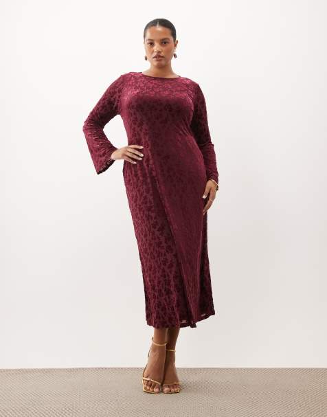 Nobody's Child Plus Clarissa devore velvet bell sleeve maxi dress in dark pink  - view 1