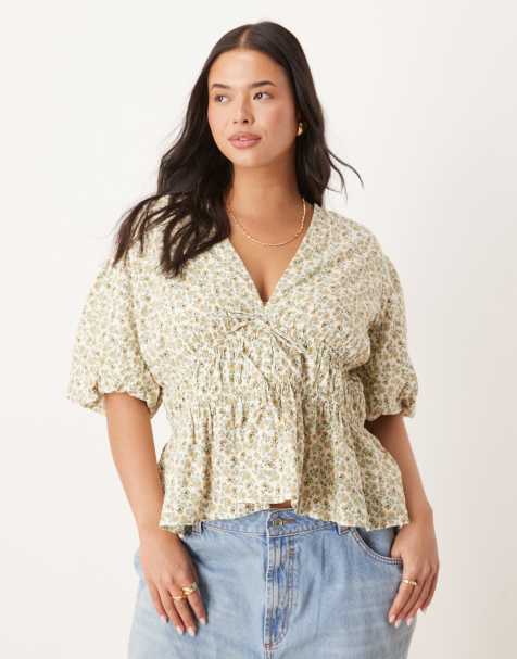 Nobody's Child Plus - Cordellia - Crop top met pofmouwen in fijne gele print - view 1