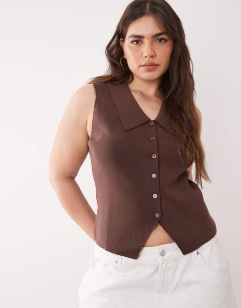 Nobody's Child Plus cotton blend knit collared vest in chocolate - view 1