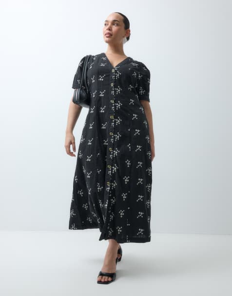 Nobody's Child Plus cotton button front v neck midi dress in black floral - view 1
