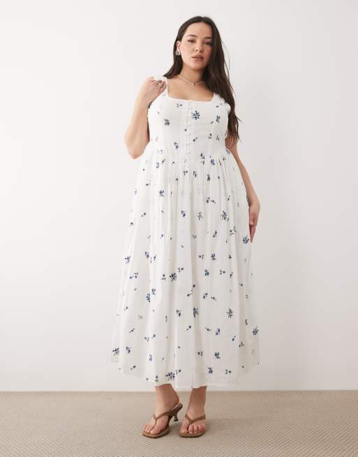 Nobody's Child Plus cotton rich embroidered milkmaid midi dress in white  and blue floral | ASOS