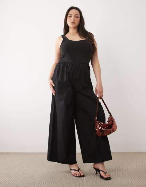 Nobody's Child Plus cotton rich strappy square neck wide leg jumpsuit in black - view 1