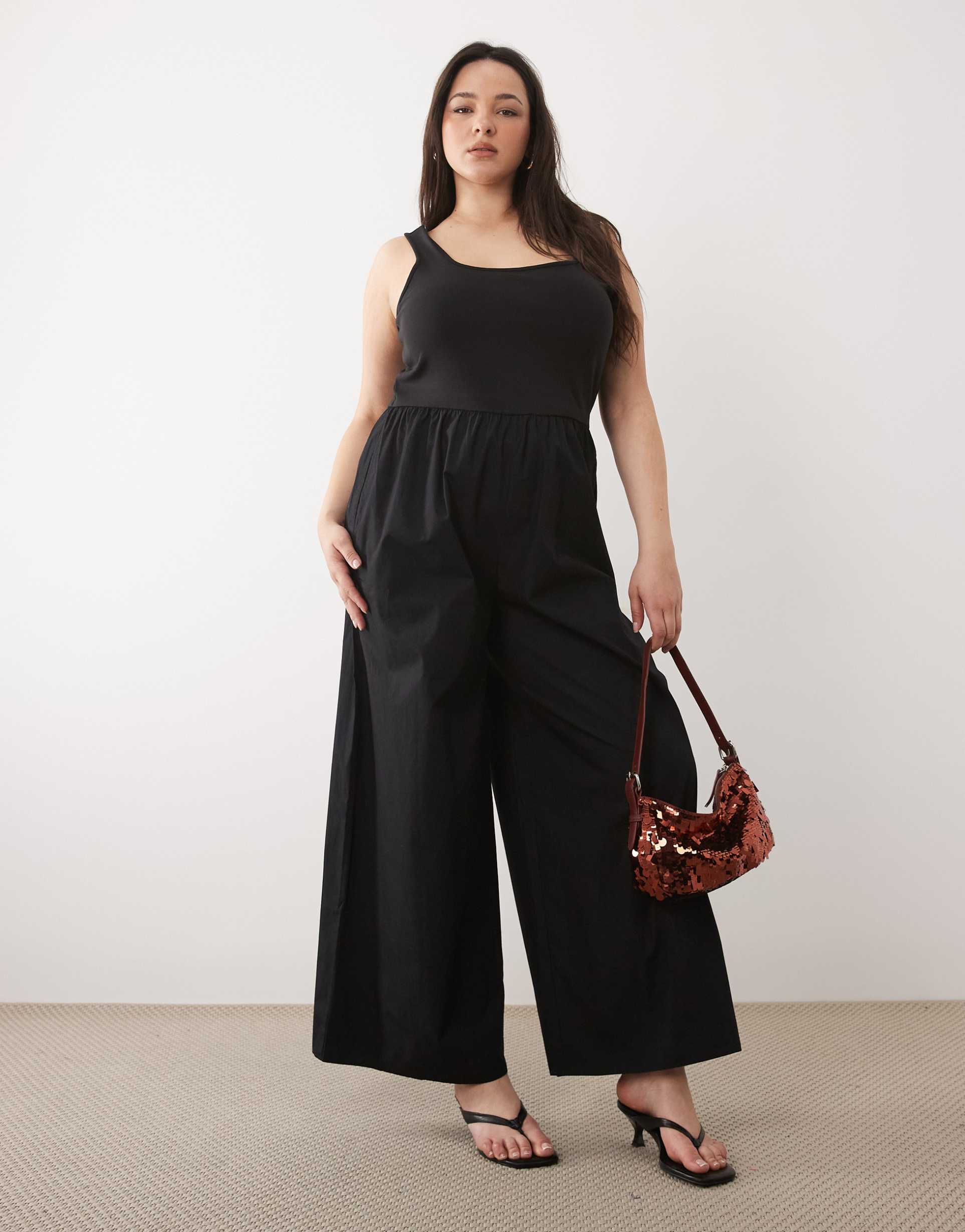 nobody's child plus cotton rich strappy square neck wide leg jumpsuit in black
