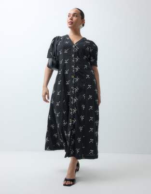 Nobody's Child Plus cotton v-neck button front tie waist midi dress in ...
