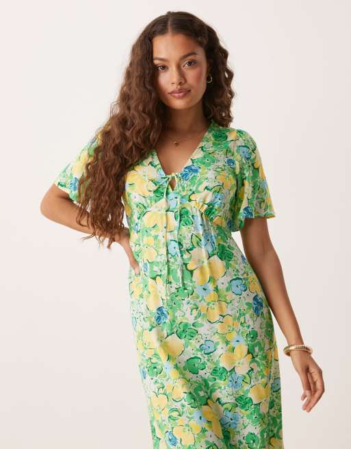 Nobody's Child Plus Dahlia midi tea dress in green and yellow floral, 3 of 4