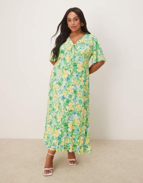 Nobody's Child Plus - Dahlia - Nette midi jurk met fijne print in groen en geel - view 1