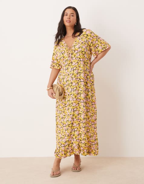 Nobody's Child Plus - Dalia - Vestito midi giallo a fiori rosa - view 1