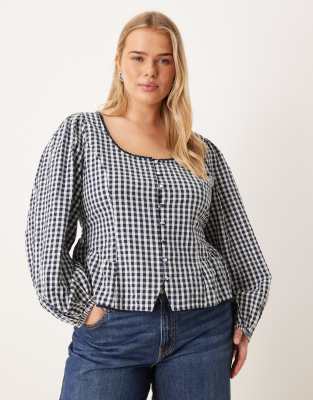 Nobody's Child Plus - Edie - Bluse mit schwarzweißen Vichy-Karos und Ballonärmeln-Brown