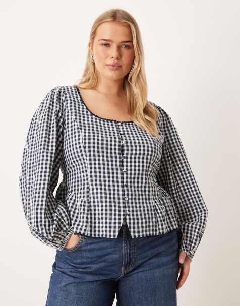 Nobody's Child Plus Edie balloon sleeve blouse in mono gingham