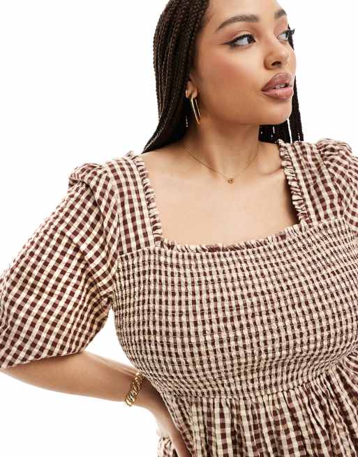 Nobody's Child Plus Elsa puff sleeve midi dress in brown gingham, 2 of 4