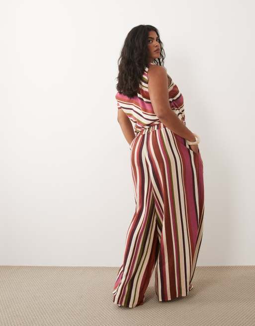 Nobody's Child Plus Elstow drawstring waist mid rise split hem co-ord trousers in pink stripe, 3 of 5