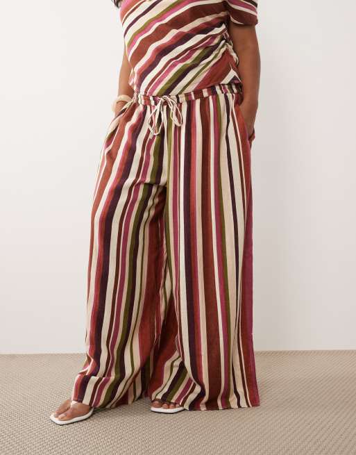 Nobody's Child Plus Elstow drawstring waist mid rise split hem co-ord trousers in pink stripe, 4 of 5
