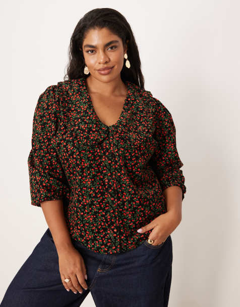 Nobody's Child Plus Emmie cord ruffle blouse in black cherry