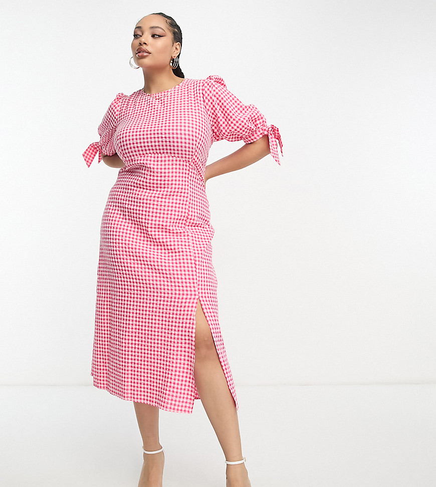 Nobody’s Child Plus Esme tie sleeve midi dress in pink and red gingham