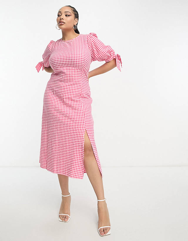 Nobody's Child Plus - esme tie sleeve midi dress in pink and red gingham