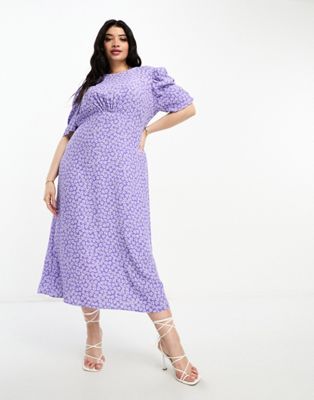 Evie midi dress in purple heart print-Blue