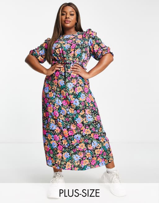 Nobody's Child Plus Felicia floral print midi dress in black | ASOS