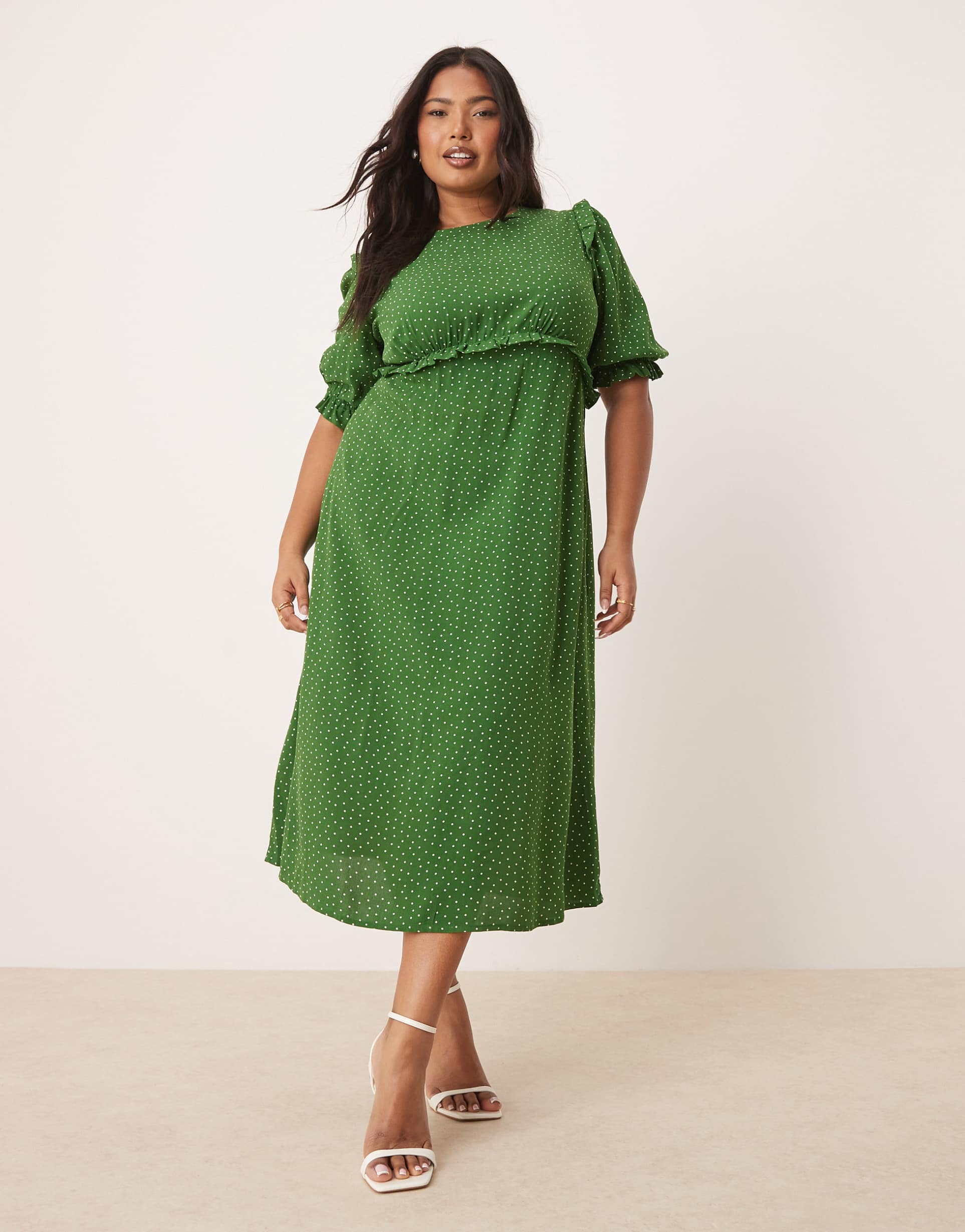 nobody's child plus felicia ruffle detail midi dress in green dot