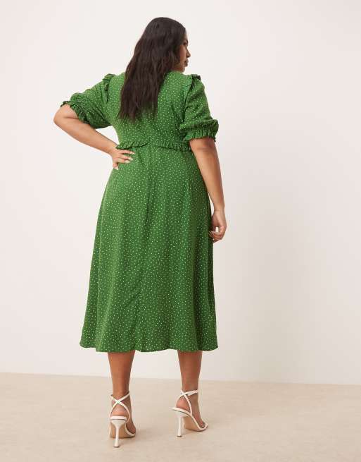 Nobody's Child Plus Felicia ruffle detail midi dress in green dot