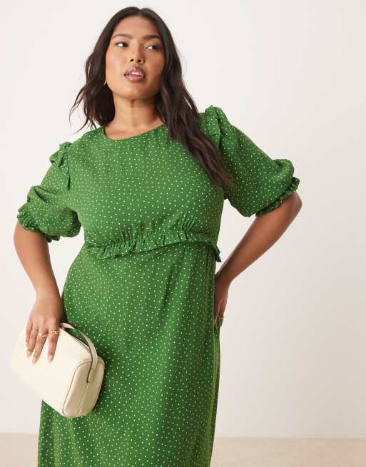 Nobody's Child Plus Felicia ruffle detail midi dress in green dot