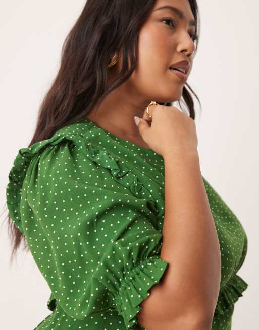 Nobody's Child Plus Felicia ruffle detail midi dress in green dot