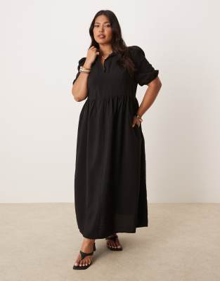 Hebe puff sleeve collared midi dress in black