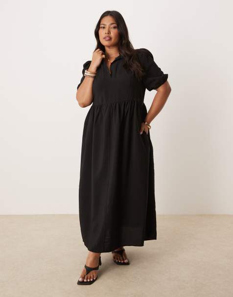 Nobody's Child Plus Hebe puff sleeve collared midi dress in black - view 1