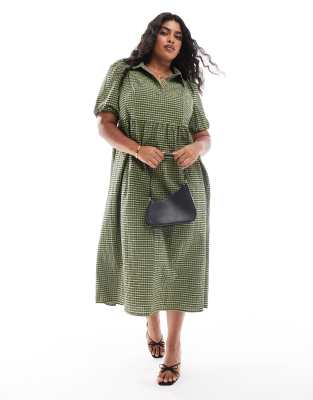 Nobody's Child Plus Hebe smock midaxi dress in green check φωτογραφία