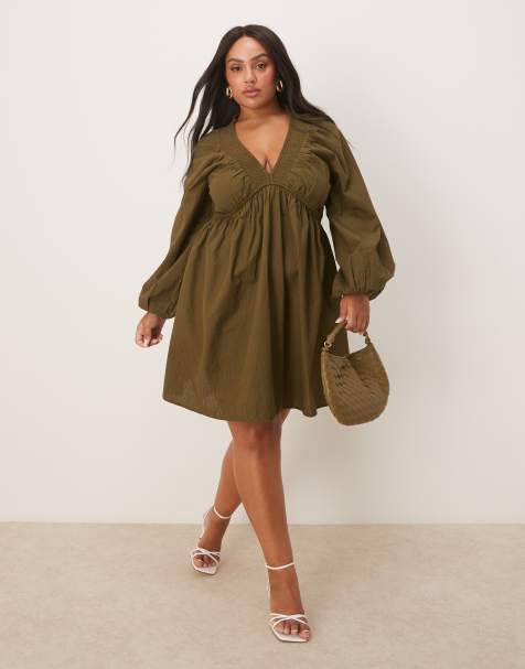 Nobody's Child Plus Irene balloon sleeve boho mini dress in khaki - view 1