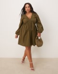 [Nobody's Child Plus] Nobody's Child Plus Irene balloon sleeve boho mini dress in khaki-Green 18 KHAKI