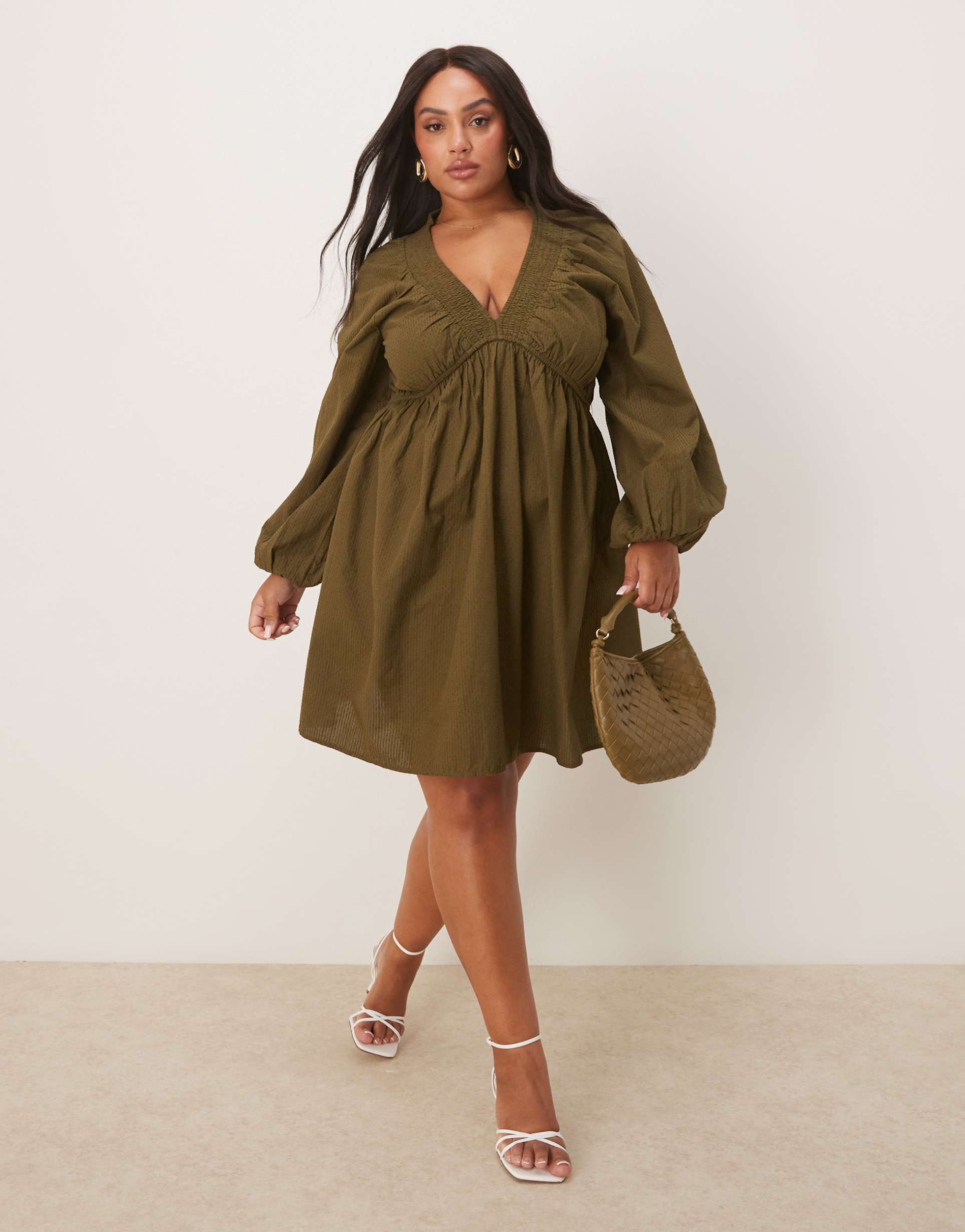 nobody's child plus irene balloon sleeve boho mini dress in khaki