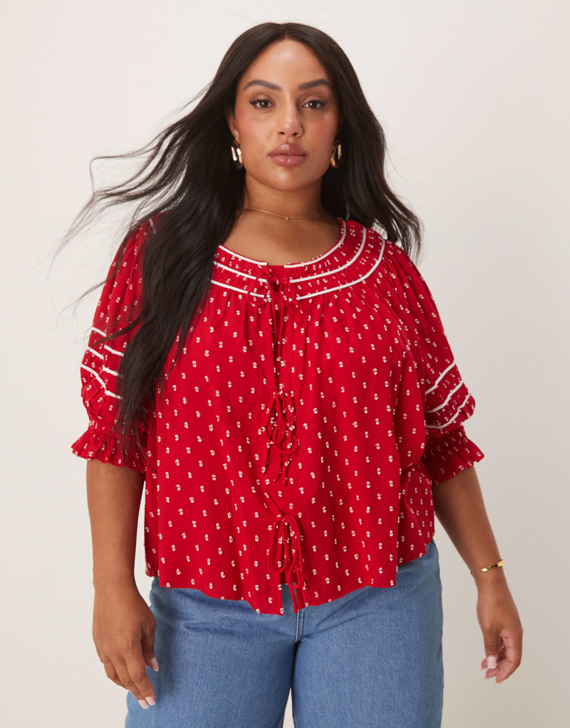 nobody's child plus iris puff sleeve tie-detail top in red