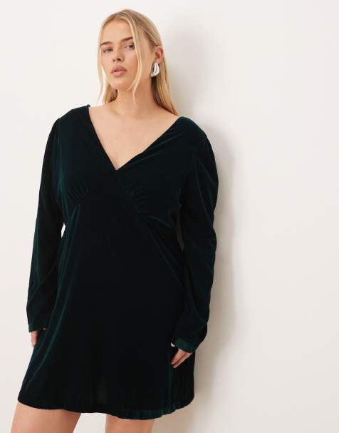 Nobody's Child Plus Josie velvet v-neck mini dress in dark green - view 1