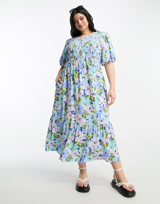 Nobody's Child Plus Kelsie puff sleeve shirred midi dress in blue floral