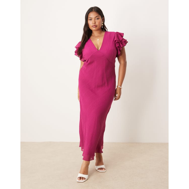 Nobody's Child Plus Layla frill sleeve midi dress in pink | ASOS