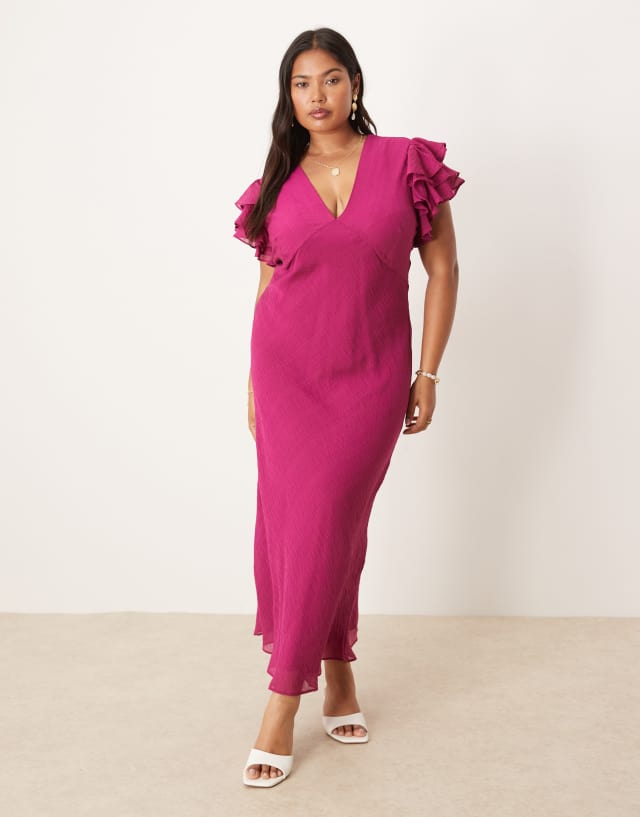 Nobody's Child Plus Layla frill sleeve midi dress in pink | ASOS