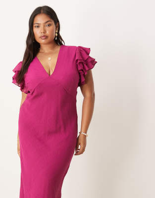 Nobody's Child Plus Layla frill sleeve midi dress in pink | ASOS