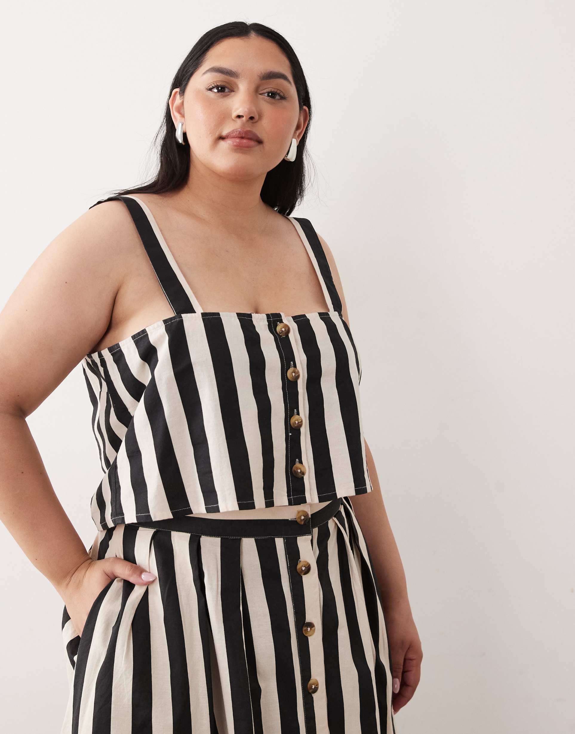 nobody's child plus linen blend square neck button placket top in bold mono stripe - part of a set