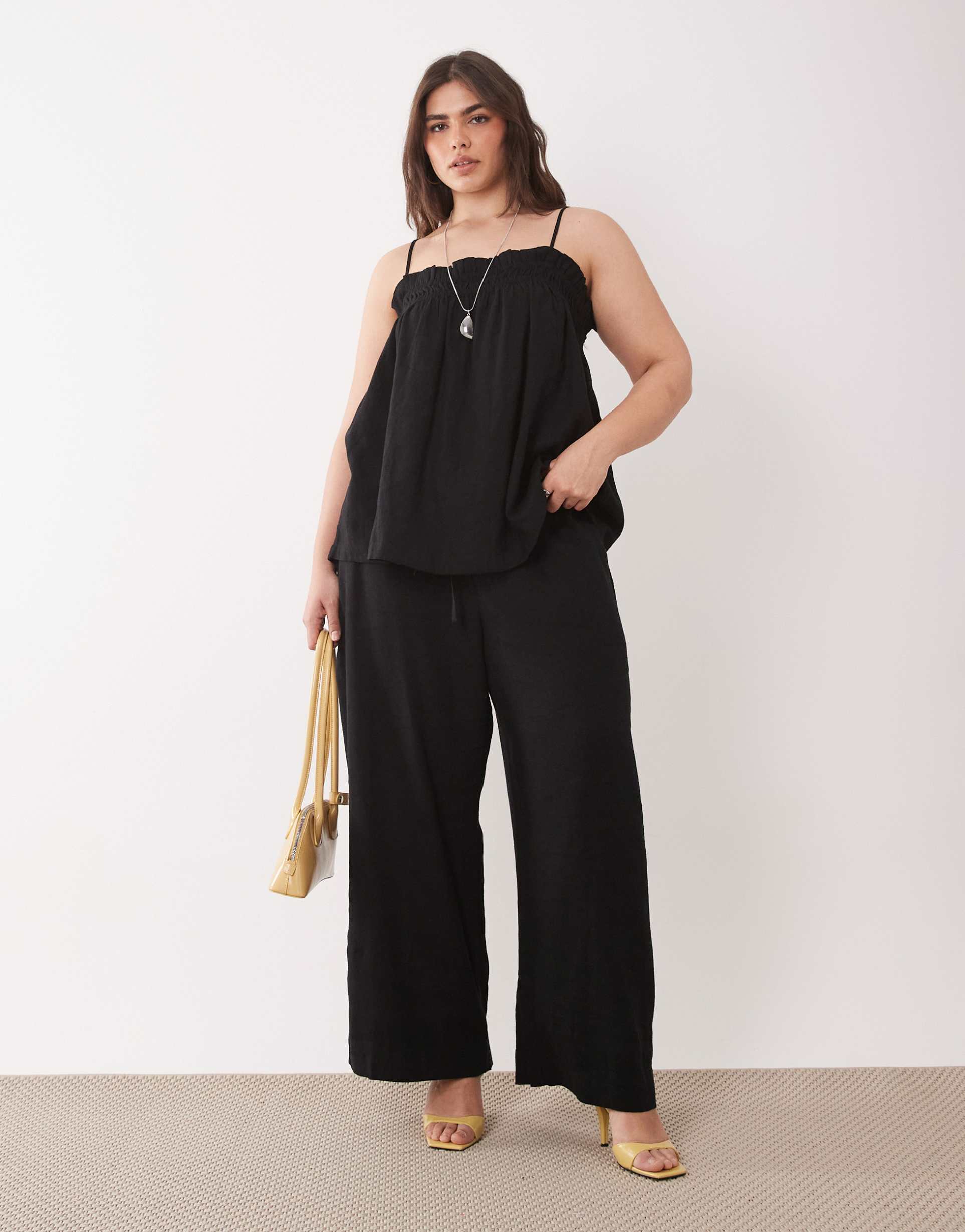nobody's child plus linen blend tie waist casual pants in black - part of a set