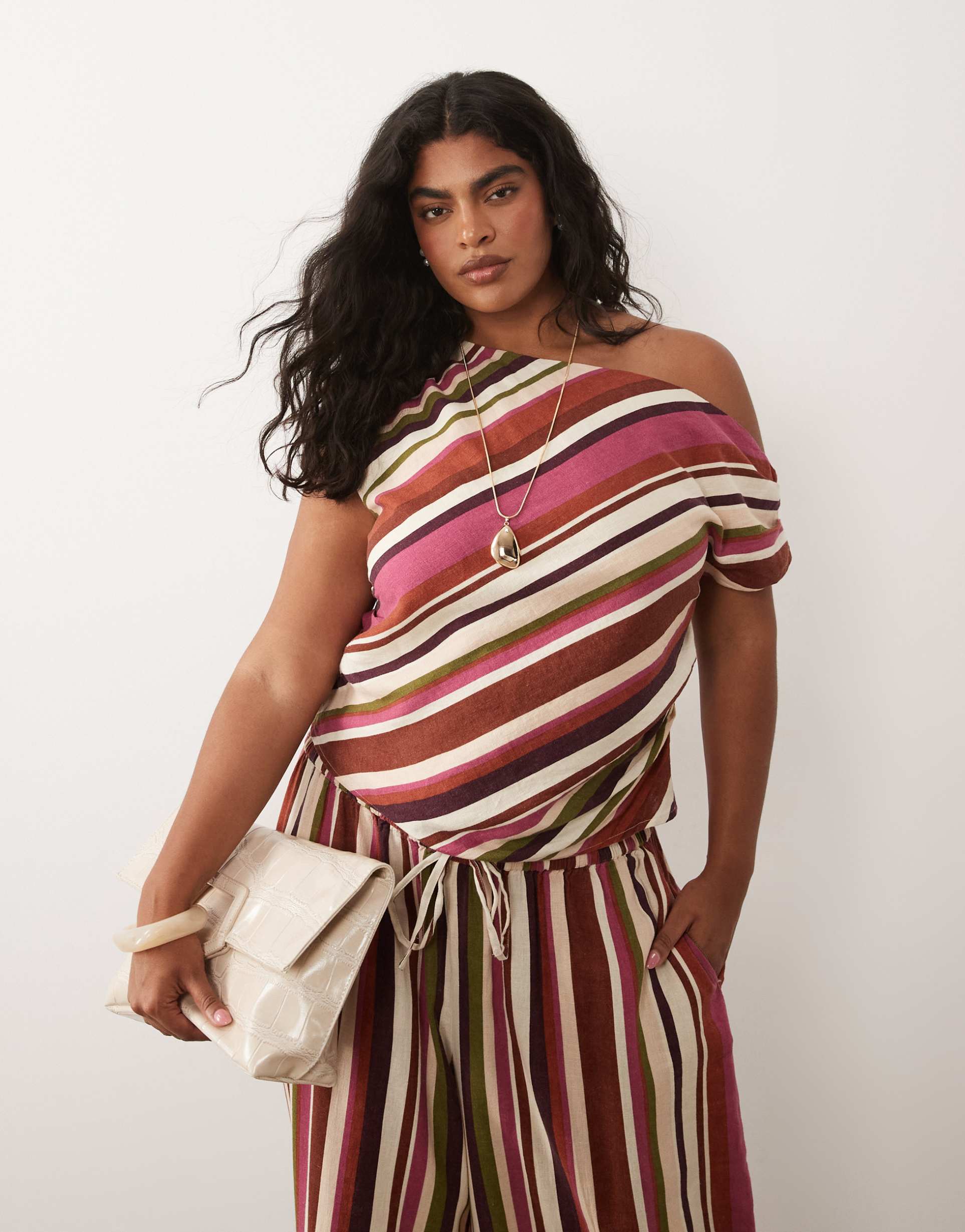 nobody's child plus linen look off the shoulder top in multi stripes - part of a set