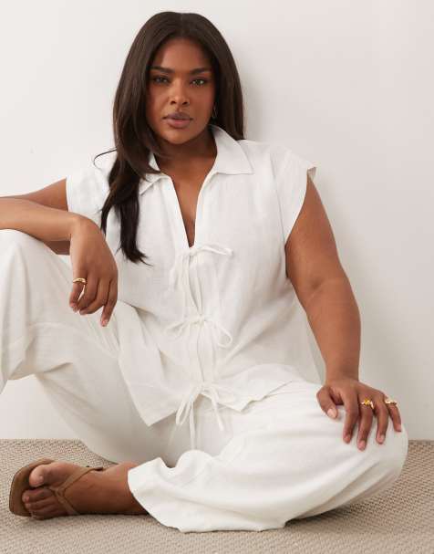 Nobody's Child Plus linen mix collared tie front top in white (part of a set) - view 1