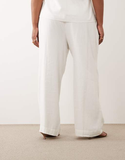 Nobody's Child Plus linen mix drawstring waist wide leg trouser co-ord in white, 4 of 5