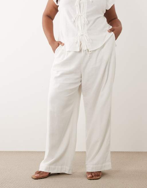 Nobody's Child Plus linen mix drawstring waist wide leg trouser co-ord in white, 5 of 5