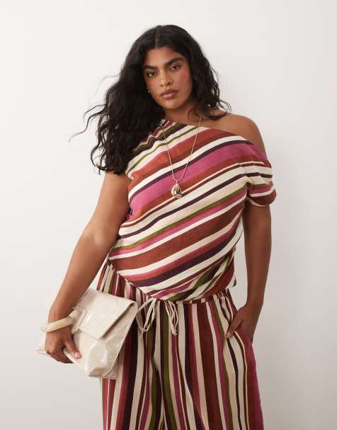 Nobody's Child Plus linen off the shoulder top in multi stripe (part of a set) - view 1
