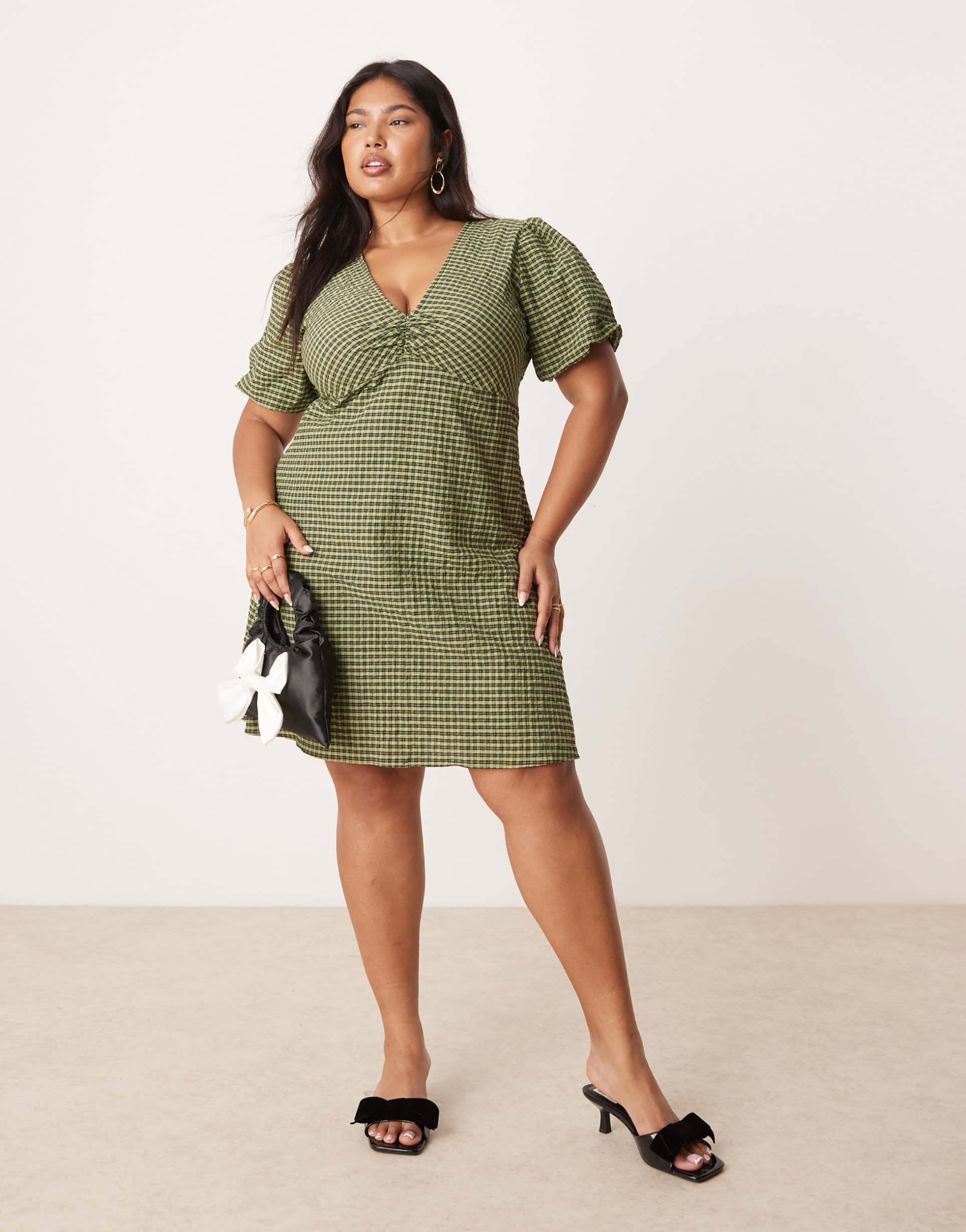 nobody's child plus liza puff mini dress in green gingham