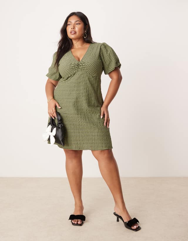 Nobody's Child Plus Liza puff mini dress in green gingham | ASOS