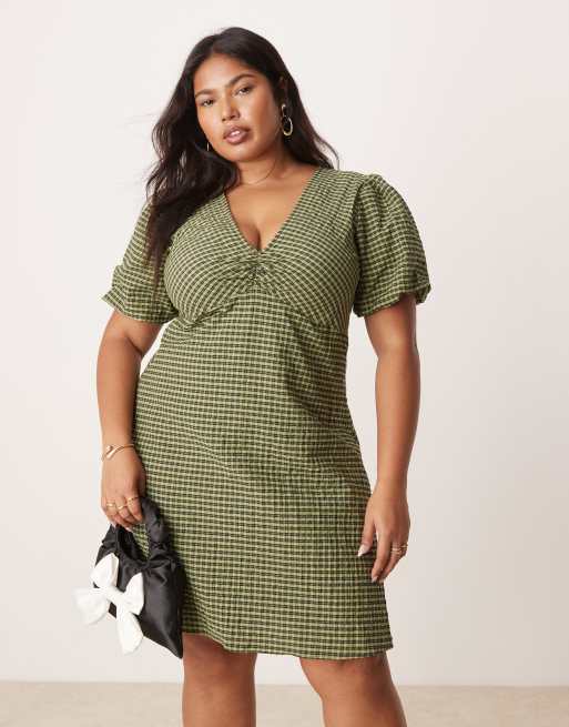 Nobody's Child Plus Liza puff mini dress in green gingham | ASOS
