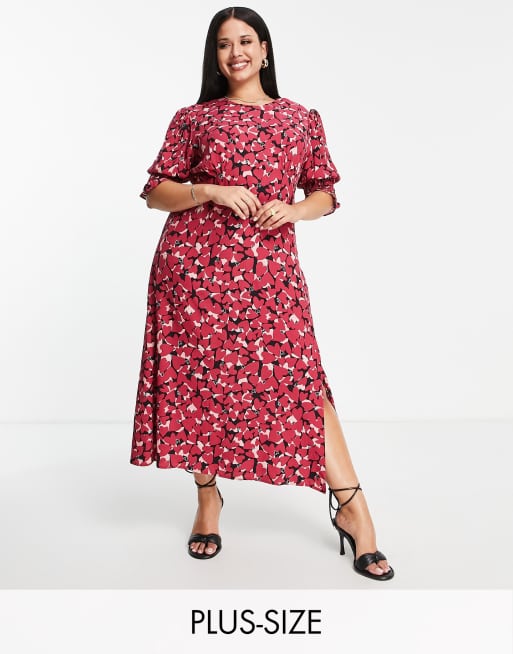 Nobody's Child Plus - Luna - Robe mi-longue avec manches bouffantes et imprimé cœurs - Rouge