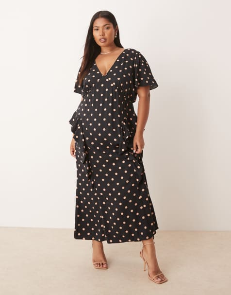 Nobody's Child Plus Lyndsey ruffle detail midi dress in black/dot - view 1