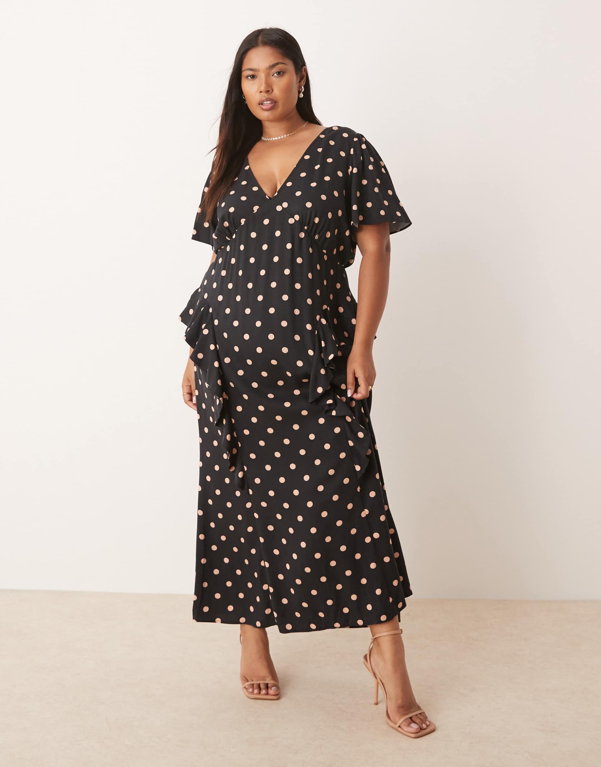 nobody's child plus lyndsey ruffle detail midi dress in black/dot